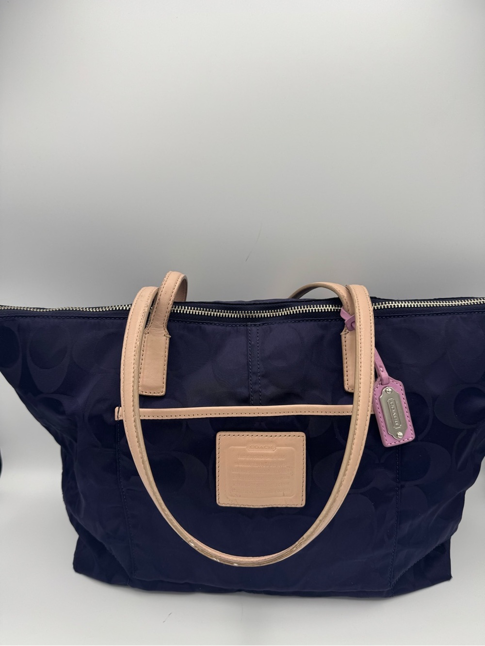 Coach Legacy Weekend Signature Navy Blue Nylon Tote with Tan Leather Trim